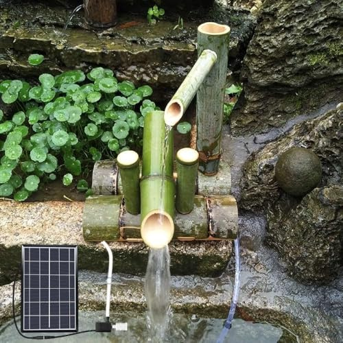 YAIUNHIQ Fontana a cascata per laghetto da giardino, kit fontana solare in bambù con pannello solare, fontana in bambù per esterni per giardino giapponese, 100% fatta a mano,25CM