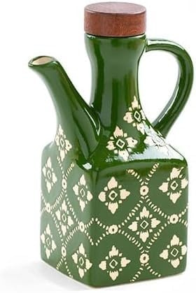 Ceramic Oil Dispenser Bottle – 8.5 oz Cruet with Wooden Stopper & Handle – Decorative Kitchen Bottle for Olive Oil, Vinegar, and Cooking Oils – Spill-Proof, Compact Design