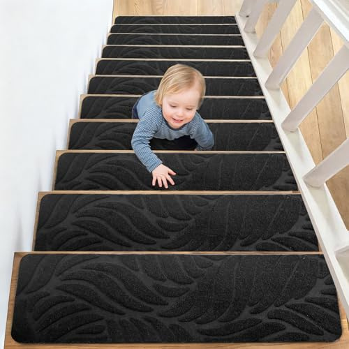 Hengrongshen Treppenstufenmatten 15 Stück, Anti-Rutsch Selbstklebend 55x19 cm, Wiederverwendbar Zuschneidbar, Innen Treppenschutz für Haustiere & Kinder -Schwarz