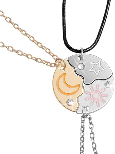 Yolev Freundschaftsketten für 3 Mit Sonne, Sternen, Mond Freundschaftskette, Bff Geschenke Ketten, Geburtstagsgeschenk für Beste Freundin Mädchen(Gold, Schwarz, Silber)