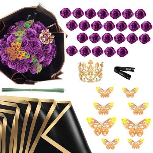 HhBdy 24 Pièce Bouquet de Roses Scintillantes, Roses Artificielles avec Une Couronne Bouquet de Fleurs Réaliste Rose Artificielle DIY Glitzer Rosen pour Saint-Valentin Fête des Mères Mariage (Violet)