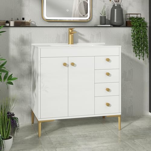 Royal Bathrooms Verona 800mm Floor Standing Vanity Unit Ceramic Basin 2 Door & 4 Drawer Cabinet Furniture Gloss White with Brushed Brass Knob