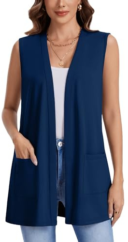 Actcat, cardigan da donna senza maniche, leggero, aperto sul davanti, casual, vestito aderente con tasche 2026, Blu navy, M