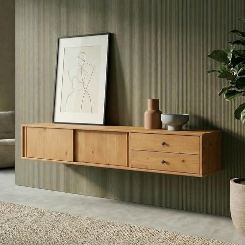 IDIMEX Lowboard Simona 175 cm hängend aus Massivholz, Eiche Finish - TV Schrank mit 2 Schiebetüren und Schubladen, Wohnzimmermöbel im Mid Century Style, ideal als TV Board.