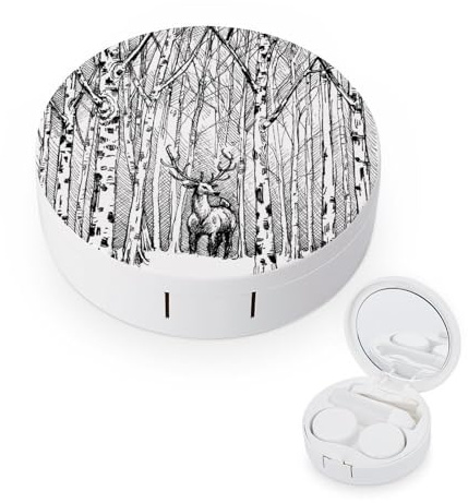 fkgvwo Contact Lens Container Black White Elk Travel Contact Lens Box with Mirror Tweezers Solution Bottle