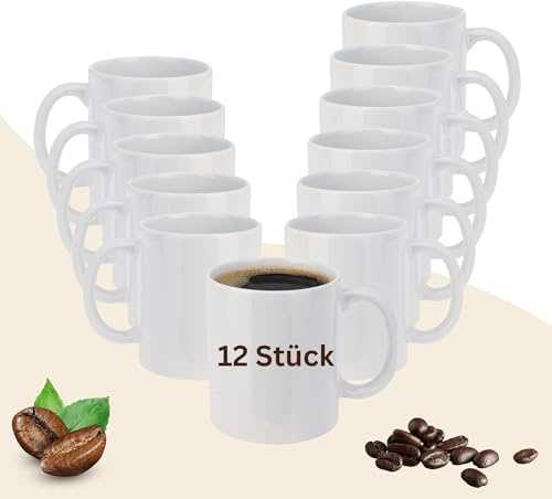 12 Stück Kaffeebecher Porzellan 310ml Kaffeetassen weiß - Kaffeetassen Set spülmaschinengeeignet Tassen Set - Tassen zum Bemalen & HLKauf-Block