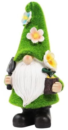 Tesmotor Solar Garden Gnome Figurine, Funny Outdoor Decoration with Flowers & LED Light, Weatherproof Lawn & Patio Ornament, Gift Idea