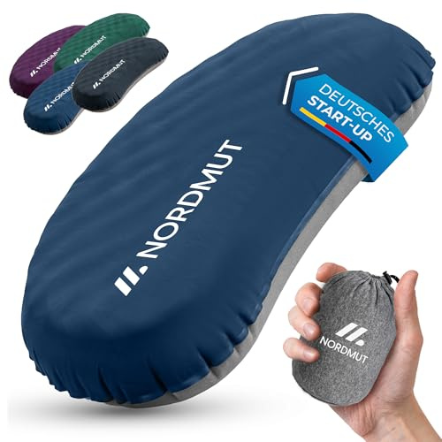 NORDMUT® Campingkissen aufblasbar [SoftSleep+] Komfortables Kissen Ultraleicht mit kleinem Packmaß – Reisekissen aufblasbar inkl. waschbarem Kissenbezug (Blau)