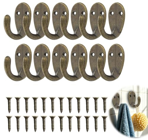Hogulin Brass Hooks Bronze, 12 Pcs Vintage Wall Hook Brass Coat Hooks, Antique Brass Coat Hook with Screws for Hanging Clothes Robe Towel Hat Key Bag Cup