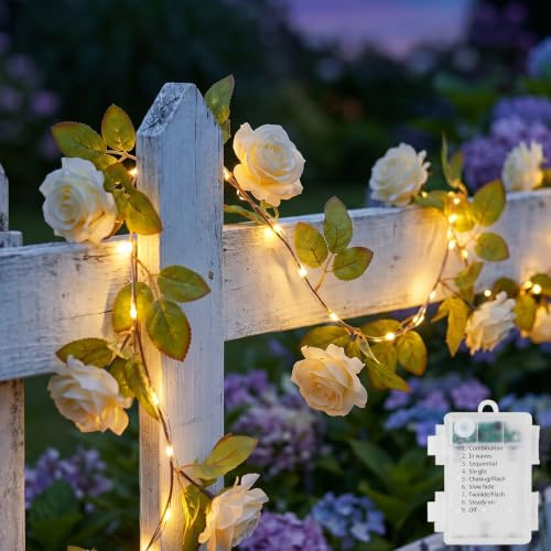 Ninonly Guirnalda Luces de Rosas, 2,2m 40 LED Flores Artificiales Blanco de Pilas con Hiedra, 8 Modos Guirnalda Floral para Interior Exterior, Decoración de Habitación Balcón Jardín Boda Ventana