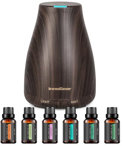 InnoGear Essential Oil Diffuser with Oils, 100ml Aromatherapy Diffuser with 6 Essential Oils Set, Aroma Cool Mist Humidifier Gift Set, Dark Wood Grain