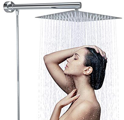 Onyzpily Soffione doccia a pioggia con supporto a parete, cromato, 30 x 30 cm, quadrata, soffione doccia da incasso in acciaio inox, con ugelli anticalcare