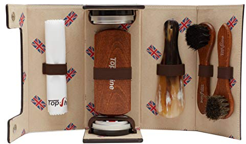 TOPSHINE Professional Shoe Shine Kit – Shoe Polish Kit – Contains Shoe Brush Set, Polishing Cloth, Shoe Horn & Beeswax Shoe Polish – With Vintage Look PU Leather Carry Case
