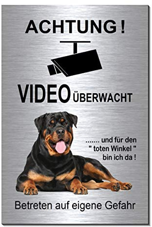 Rottweiler-Videowachung-Hund-200 x 300 x 3 mm-Video-Schild-Hundeschild-Aluminium Edelstahloptik-Hunde-Tierschild-Warnschild-Hinweisschild-Mit Löcher-133-28