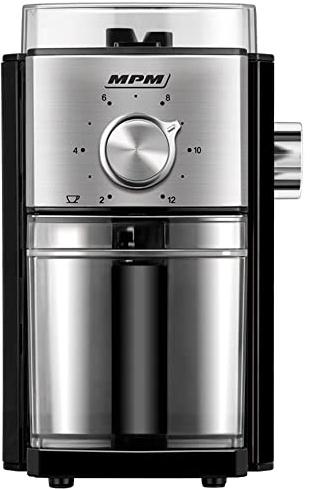 MPM MMK-08 Molinillo Café Profesional, Sistema de Muelas de Acero, 17 Ajustes de Molienda, 80 g/min de Café para Todo Tipo de Cafeteras, Selector de Cantidad 2 a 12 Tazas, Depósito 350g, 150W