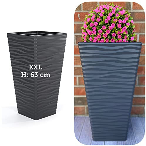 XXL Pflanzkübel Slim Quadratisch 3D Effekt - Wellen - Farbe: Anthrazit mit Herausnehmbaren Einsatz, BxH: 33 x 63 cm
