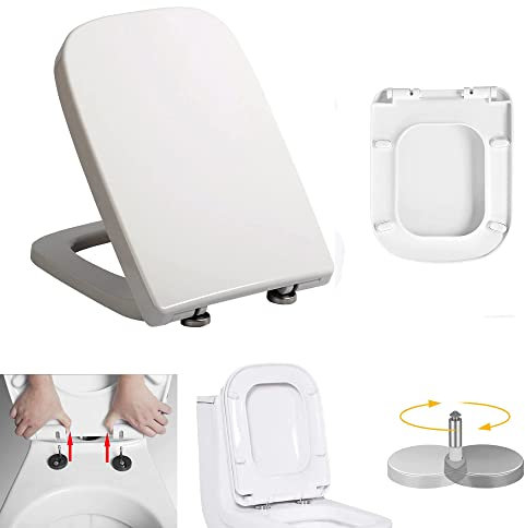 Soft Close Square Toilet Seat with Quick Release, Simple Top Fixing, Anti-Bacterial Toilet Seats White with 360° Adjustable Stainless Hinges, Heavy Duty Square Shape Toilet Lid Loo Seat WC