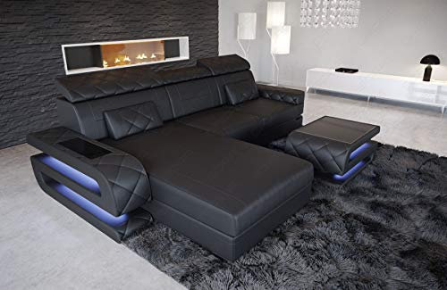 Sofa Bologna als Ecksofa in der L-Form Ledersofa mit USB-Anschluss Stauraum Beleuchtung Kopfstützen Designersofa Couch (Ottomane Links (auf Sofa blickend), Black)