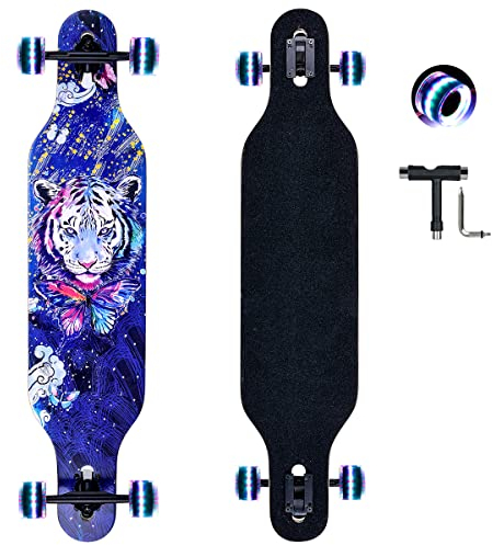 Longboard, 8-lagigem Ahornholz Cruiser komplettes Skateboard,Longboards für mädchen Erwachsene jung anfänger mit T-Tool und PU-Räder (Blau)