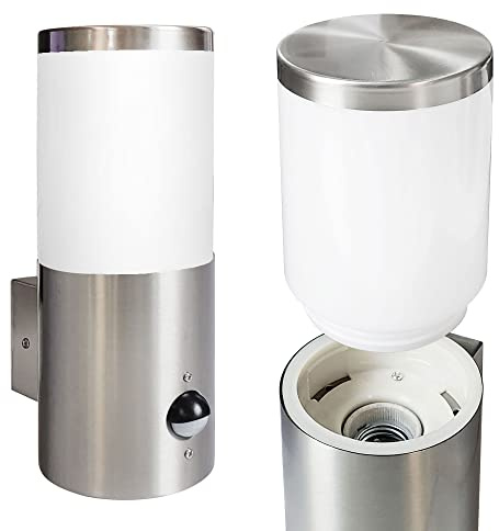Maxkomfort Außenwandleuchte Wandlampe Außenleuchte E27 mit Bewegungsmelder Edelstahl-Optik IP44 Beleuchtung Garten Sensor moderne Wandleuchte aus Edelstahl 296A1