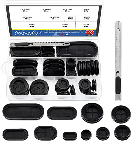 Glarks Set di 43 occhielli in gomma ovali e rotondi di 10 dimensioni, a doppia faccia, ovali e rotondi, protezione per cavi, tappi per fori firewall con 1 coltello retrattile per filo, spina, impianti