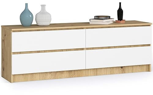 AKORD Kommode K 160 cm | 4 Schubladen | Stehmöbel für Wohnzimmer Schlafzimmer Arbeitszimmer | Edles Design | Schichtstoffplatte 16mm | Farbe Artisan Oak/Weiß