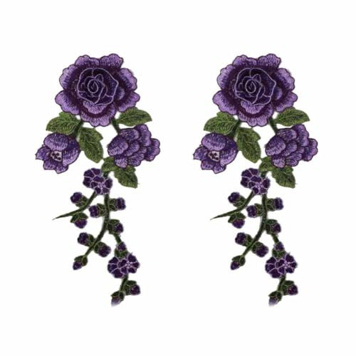 SHTGOI Stickerei-Blumen Applikation 2 Stück Retro Rose Blumen Patches zum Aufnähen Bestickte Bügelbild Aufnäher Blume Applique Kleidung Zubehör für DIY Nähen Cheongsam Kleidung Kleid Lila