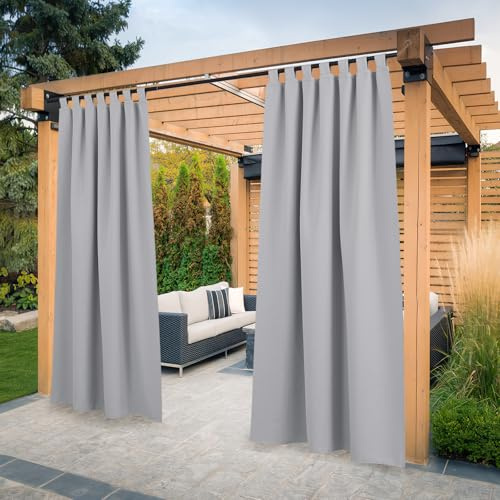 PONY DANCE Outdoorvorhang Wetterfest 2er Set Pavillon Vorhänge Outdoor | H213 x B132cm, Sibergrau, mit Klettschlaufen, Sonnnenschutz, Hitzeschutz, UV-Schutz, Outdoor Gardinen für Terrasse Balkon