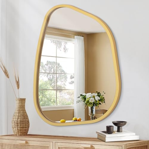 Oro specchio asimmetrico grande 50 x 40 cm irregolare ovale da parete - cornice in legno moderna forma unica - vanità artistica decorativa per soggiorno, camera da letto, bagno, ingresso