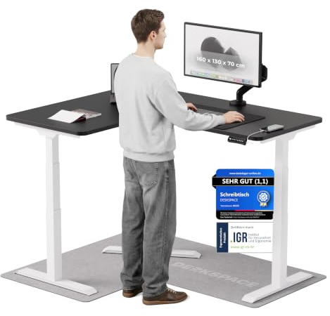 DESKSPACE Corner Eckschreibtisch höhenverstellbar (elektrisch) | Kollisionsschutz und Memory-Funktion, 10 Jahre Gewährleistung, (Weißes Gestell, Schwarze Tischplatte, 160 x 130 x 70 cm)