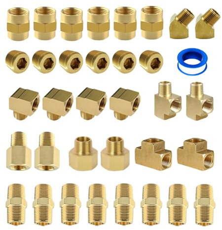 FloFlex Brass Fittings Assorted 1/8 NPT Kit, 35pcs Female Tee, Coupler, Pipe Plug, Extension, Reducing Adapter, Metric Hex Nipple, Street Tee, 90 and 45 Degree Street Elbow