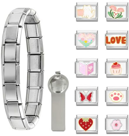 Dihope Italian Charm Bracelet Silber Italian Charms Set Edelstahl 9mm, DIY Abnehmbar Module für Italienische Armbänder, Italian Style Charms für Damen Herren Kinder Jungen Mädchen