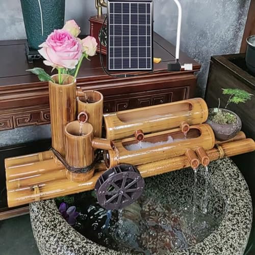 HJDSUDU Kit de Fontaine Solaire en Bambou, Fontaine intérieure et extérieure en Bambou, Fontaine Solaire en Bambou avec Roue à Eau éolienne et Pompe à Eau, Panneau Solaire 6 W,70cm/28in