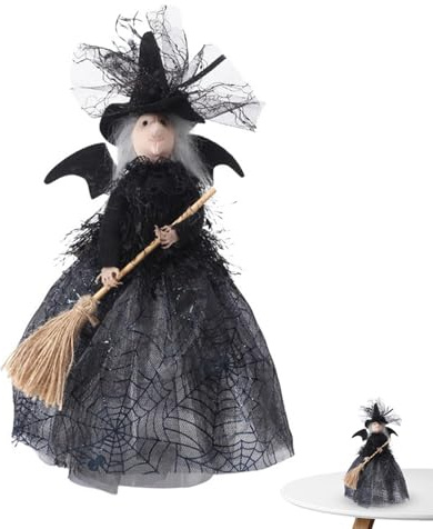 Muñeca de Bruja Negra, Figura Coleccionable de Bruja,Adorno de Bruja de Halloween de muñeca de Bruja - Brujas con Sombrero Vestidos de Malla Adornos para árboles Mesa Fiesta navideña