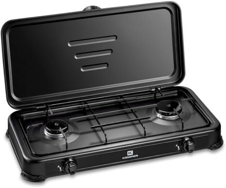 KEMPER - Fornello a gas portatile 2 fuochi 2600W Nero Coperchio Piano cottura