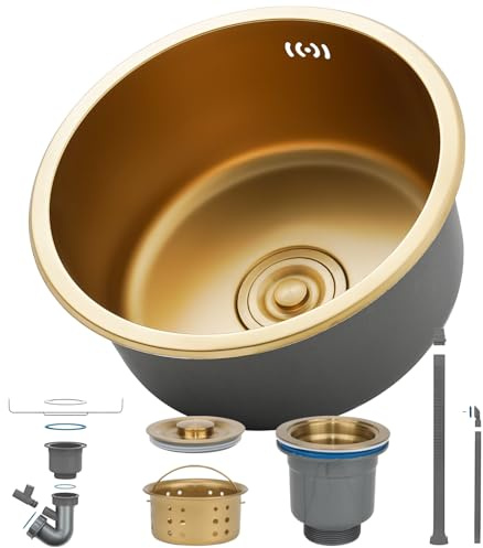 HZKSINNK Diskbänk, gyllene enkel diskbänk, 1 handfat rund köksdiskbänk/badrum handfat av rostfritt stål i guld, nano med avloppsset, lätt att rengöra, inbyggd underkonstruktion/konstruktion (guld-#b,