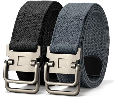 JASGOOD 2 Pack Canvas Web Belts Double D Ring Buckle for Men Fabric Cloth Casual Belt for Jeans Pants 1 1/2 Wide Black+Grey