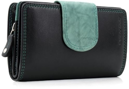 ekavale Geldbörse aus echtem Leder für Damen, Frauen Geldbeutel, Portemonnaie RFID (Schwarz-Antik-Seergrün)