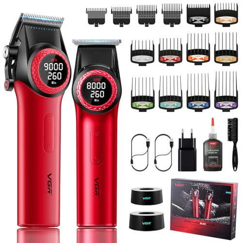 VGR 001 & 977 - Tagliacapelli professionale da uomo, senza fili, set di tagliacapelli con lame rivestite in DLC, set da barbiere ricaricabile USB con base di ricarica