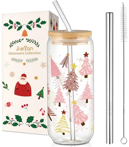 Joeyan 600ml Verres à Boire de Noel Avec Couvercles et Paille, 20oz Verre à Eau en Rose Sapin de Noël,Tasse a Cafe Chaud, Gobelet Pour Biere,Matcha Latte,Bubble Tea,Smoothie, Cadeau Féminin Populaire