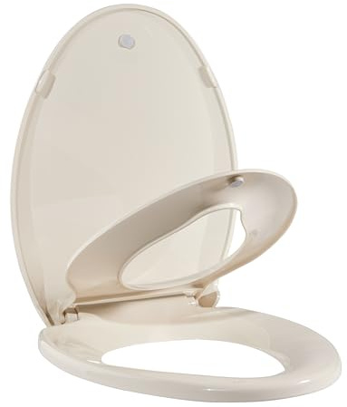 Elongated Toilet Seat for Adult/Child, Built-In Potty Training Seat, Soft Quiet Close Non-Slip Seat, Easy to Install & Clean, Magnetic Kids Seat and Cover for Elongated Oval Toilets, Almond Color