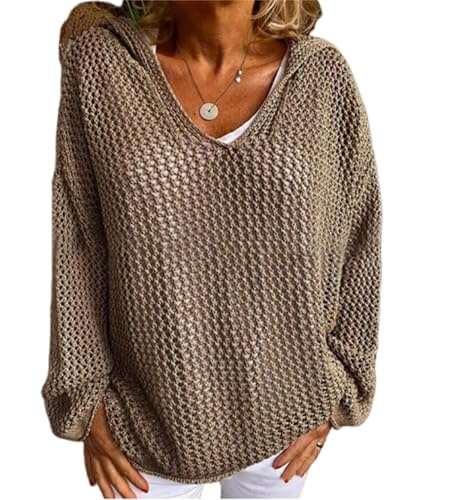 Damen Häkel-Kapuzenpullover, Häkelpullover, langärmelig, V-Ausschnitt, Strick-Kapuzenpullover, lockerer Pullover, Tops, ausgehöhlte Strick-Hoodies, braun, XL