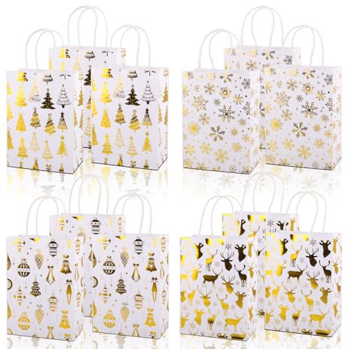 Rdlobu 12 Stück Weihnachtstüten Geschenktüten, Wiederverwendbar Kraftpapiertüten Weihnachtstüte, Weihnachten Geschenktüten, Weihnachtstüten zum Befüllen für Weihnachtsfeier Dekoration Zubehör (Weiß)