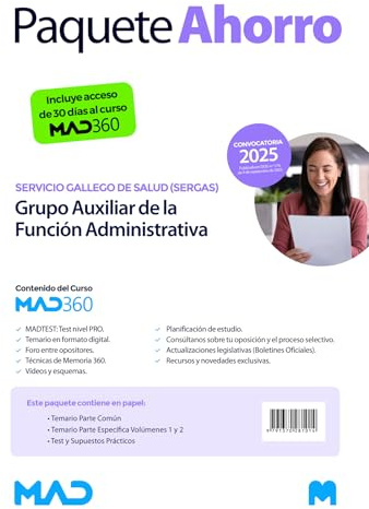 Oposiciones Grupo Auxiliar de la Función Administrativa del Servicio Gallego de Salud (SERGAS). Paquete Ahorro de Libros y Curso MAD360