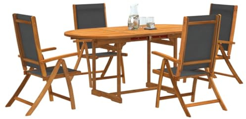 Teenpull 5-TLG. Garten-Essgruppe Massivholz Akazie, Textilene, klappbare Stühle, 120-170 cm Ausziehtisch für Patio, Balkon, Terrasse, Outdoor Dining Set