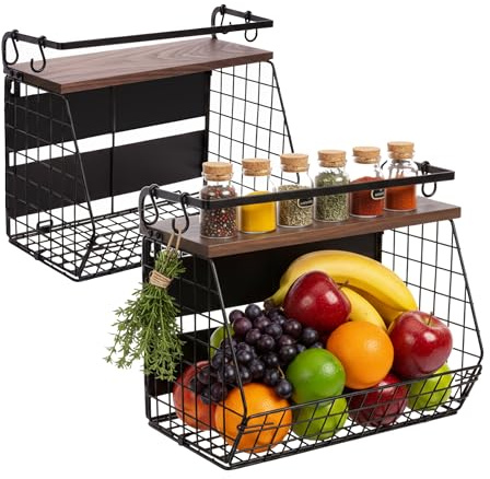 Relaxdays Obstkorb Wandregal 2er Set, Küchenorganizer magnetisch, HBT: 30x35,5x21 cm, Korb Metall, schwarz/Dunkelbraun