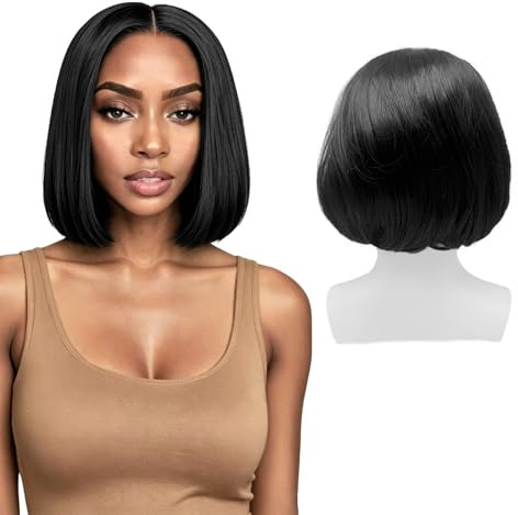 GYIOFAI Noir Bob Perruque pour Femmes, 11 Pouces Cheveux Synthétiques Courts et Raides, Perruques à Longueur D'épaule pour Cosplay, Fêtes et Usage Quotidien (Noir)