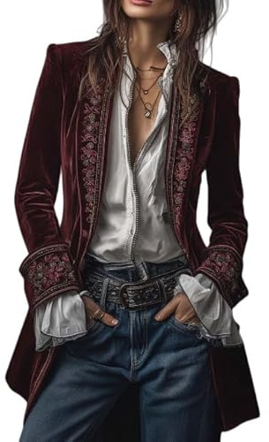 Blazer Donna Giacca Lunga Vintage in Velluto Ricamato da Donna con Squisiti Ricami Floreali Blazer in Velluto con Revers A Lancia retrò Completo Boho Aperto sul Davanti Costume Rinascimentale Borde