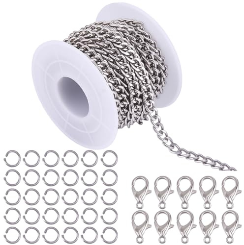 BEAMARKER Kedjor i aluminium, 16,4 fot, breda 5 mm, kedjor med metalllänkar, med 10 karbinhakar och 30 anslutningsringar, osvetsade för smyckestillverkning, halsband, armband, AC