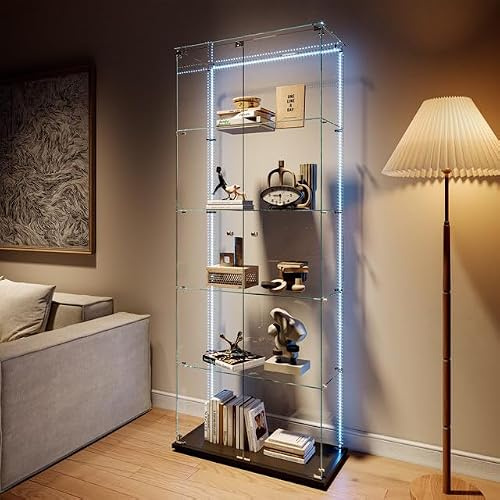 MGMYM glasvitrinskåp med 2 dörrar, 5 lager samlarvitrinskåp, vitrinskåp stående, för vardagsrum, sovrum, kontor (svart Z, 5 lager + LED)